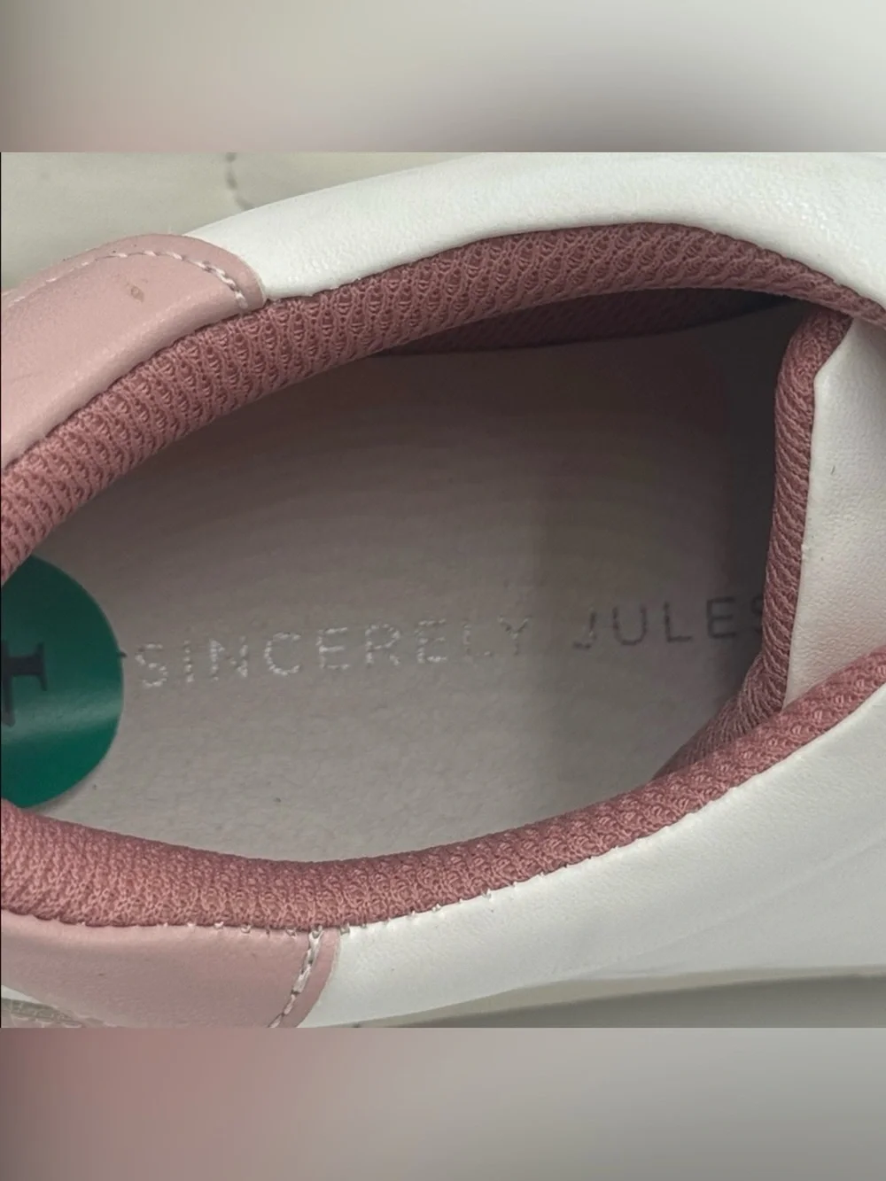 Sincerly Jules White Slip-On Sneakers with Dusty Rose Accents and Crystal Studs